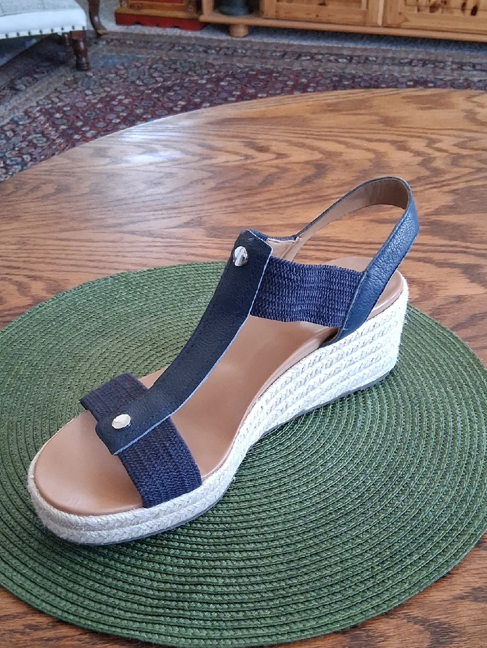 Vionic Calera Navy Blue Leather Stretch Fabric Espadrille Wedge Sandals Size 11